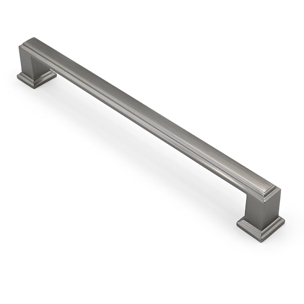 Metal cabinet handle on a white background