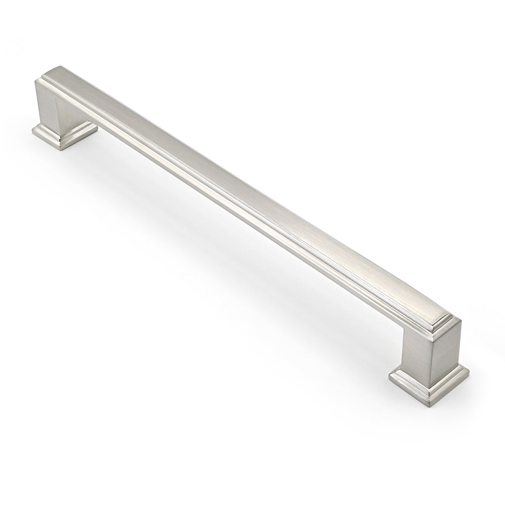 Metal cabinet handle on a white background