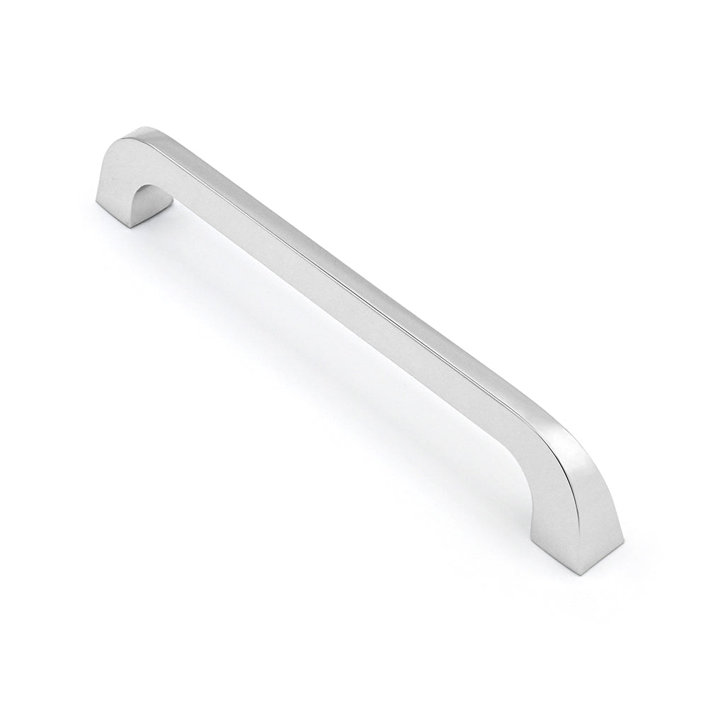Chrome cabinet handle on a white background