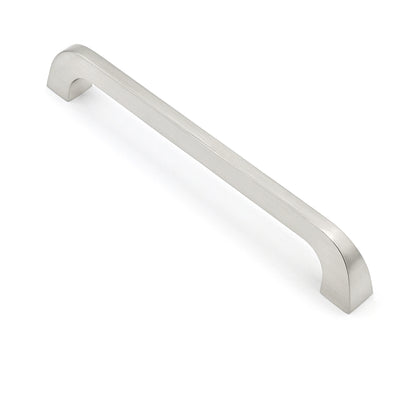 Metallic cabinet handle on a white background