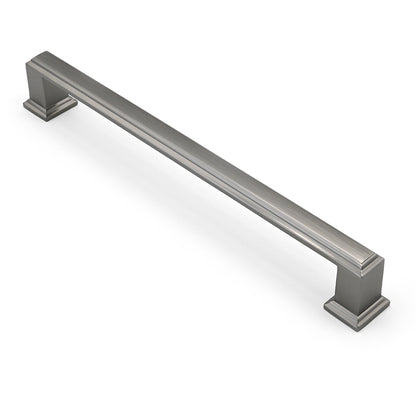 Metal cabinet handle on a white background