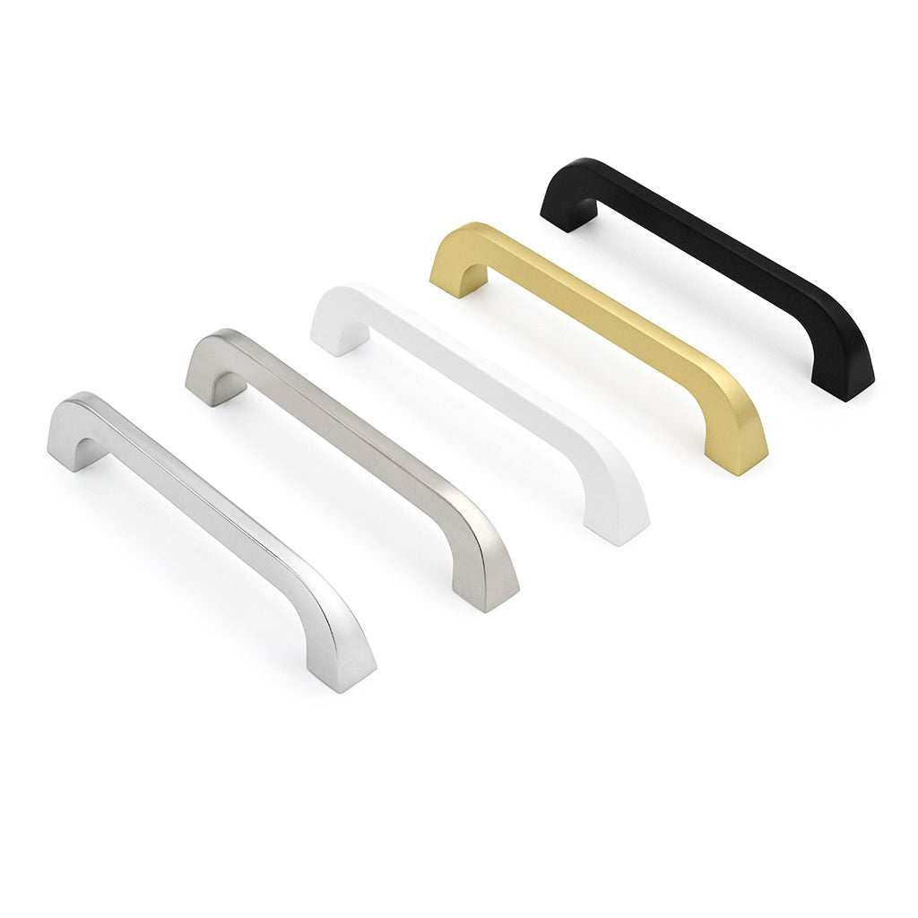 Set of five metallic cabinet handles in different colors