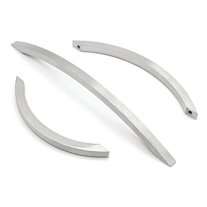 Three curved metal strips on a white background